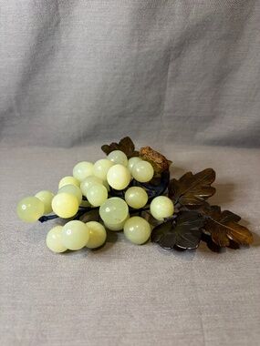 Stone Jade Jadeite Light Green Grape Cluster Carved Brown Leaves Vintage